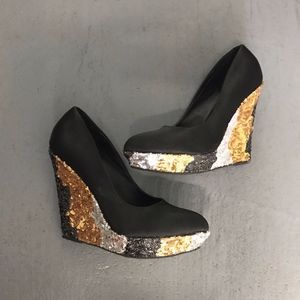 Black/Gold/Silver Satin & Sequin Wedges Sz 10
